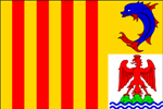 Ce drapeau affiche les armoiries des diverses provinces qui constituent la rgion: Provence ancien, Dauphin et Comt de Nice.
